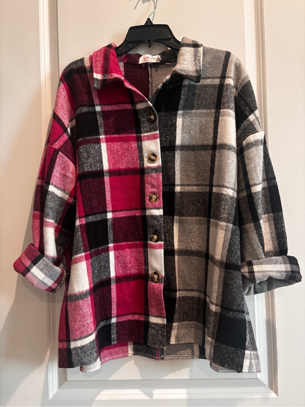 Jess Lea Color Block Plaid Shacket Jacket 2X Pink Gray Button Front NWOT Plus
